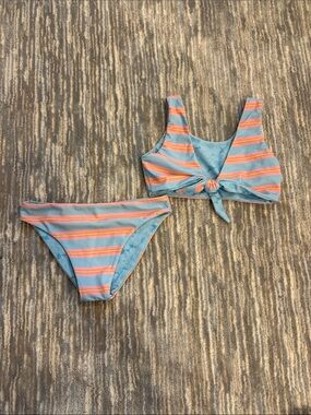 F&F Girls Reversible Pastel Striped Tie-Front Bikini in Light Blue & Pink